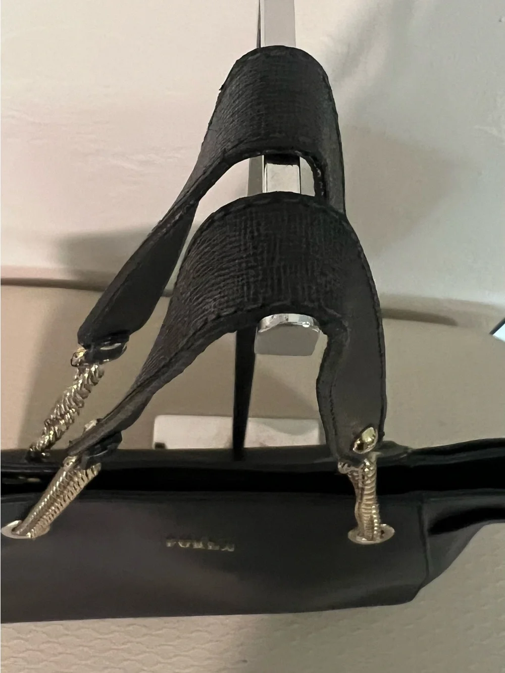 Furla Black Saffiano Leather Julia Tulip Tote with Gold Chain Straps